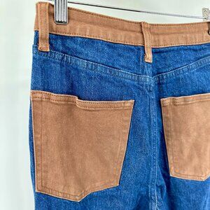WeWoreWhat Brown & Blue Colorblock Jeans | Two-Tone Denim High Rise Straight 28